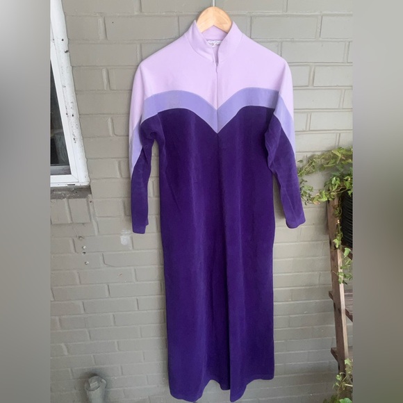 Vanity Fair Mod Vintage Velour Stripe Housecoat Mazi Dress Purple S - Picture 1 of 9